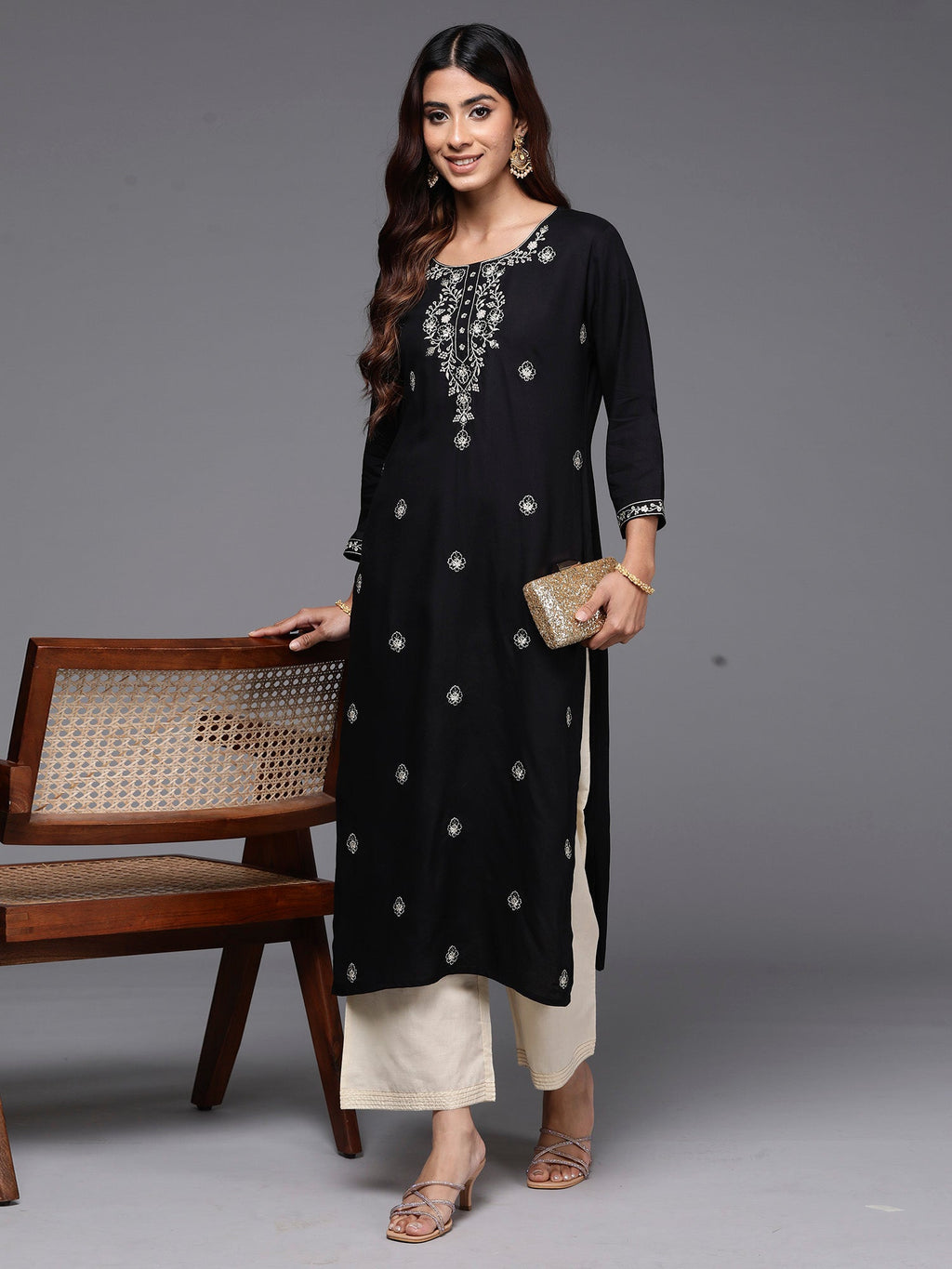Indo Era Black Embroidered Straight Kurta | Grocsy