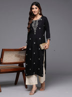 Indo Era Black Embroidered Straight Kurta | Grocsy