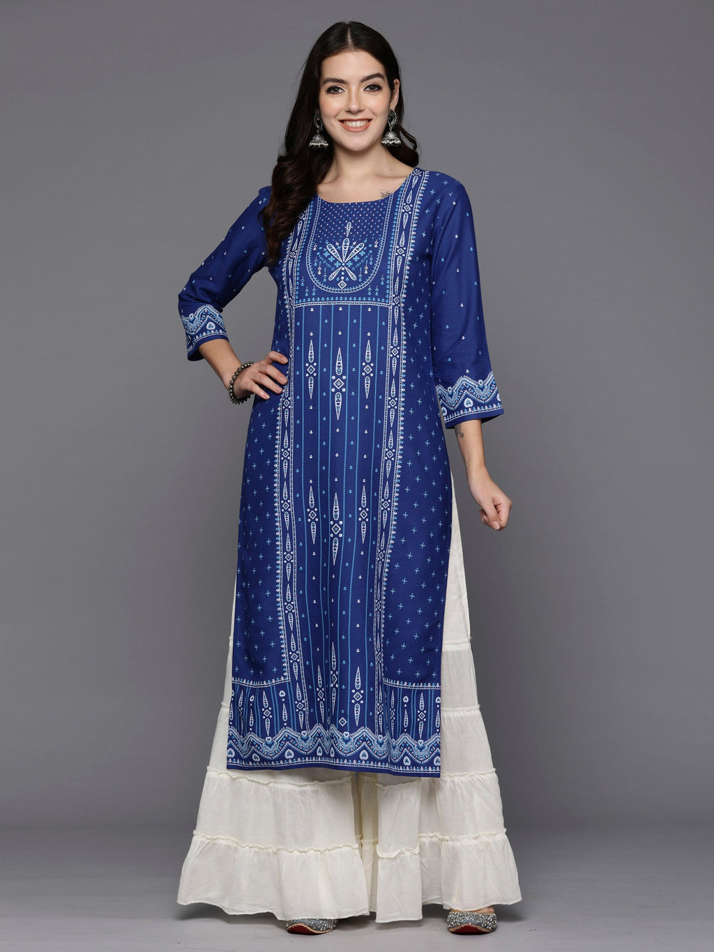 Indo Era Blue Printed Straight Kurta | Grocsy