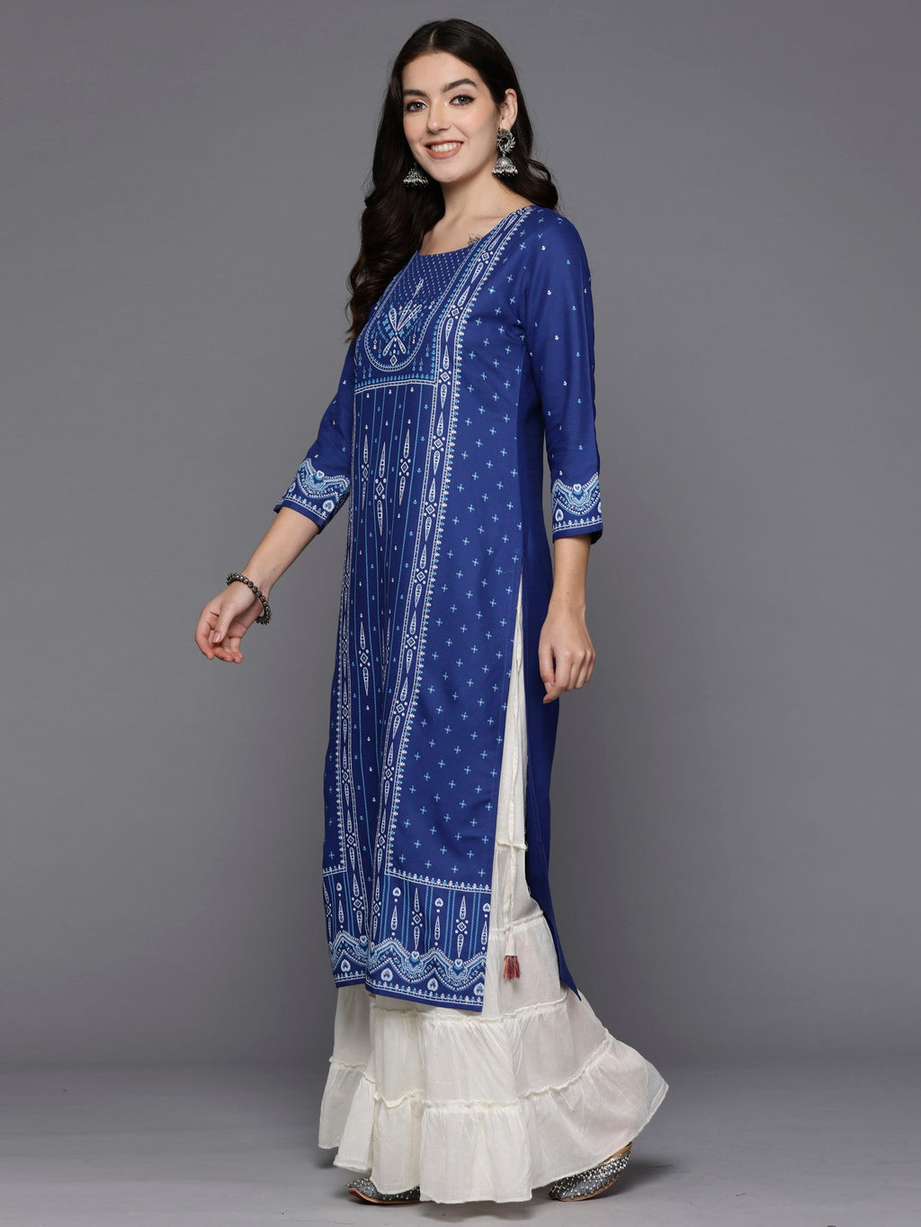 Indo Era Blue Printed Straight Kurta | Grocsy