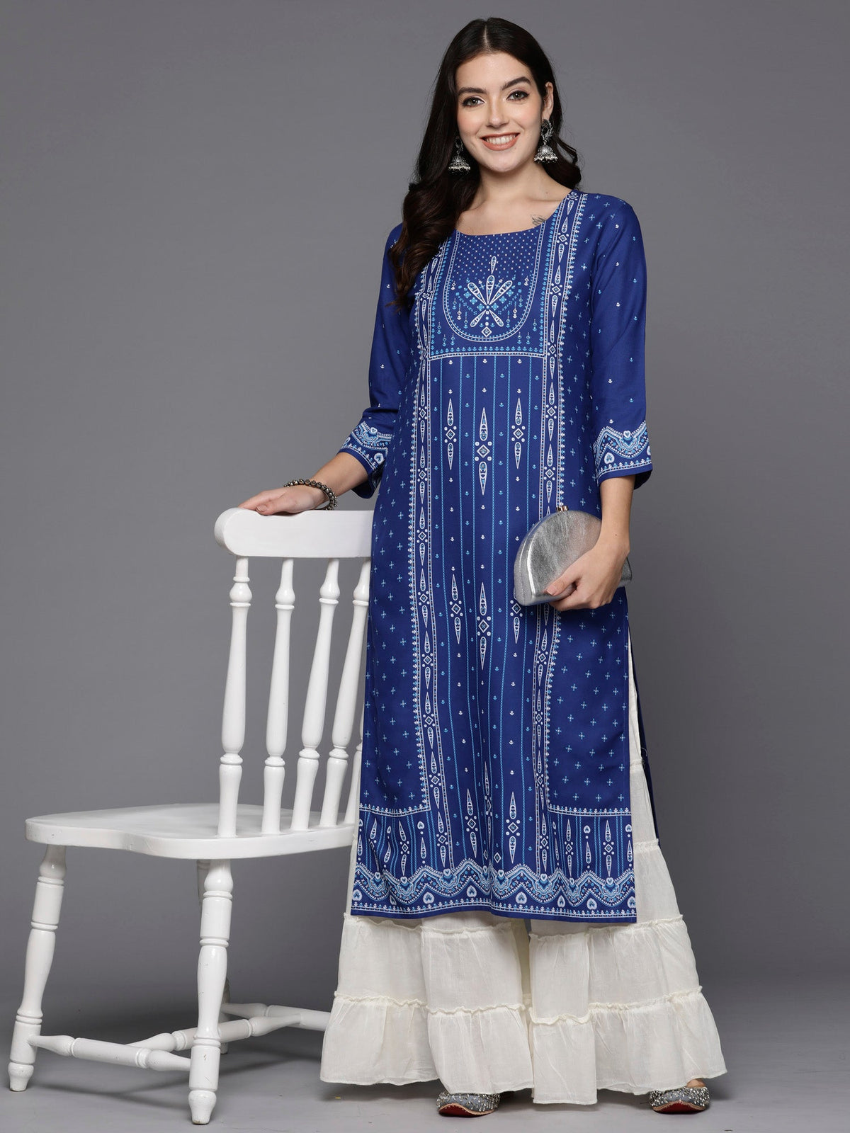 Indo Era Blue Printed Straight Kurta | Grocsy