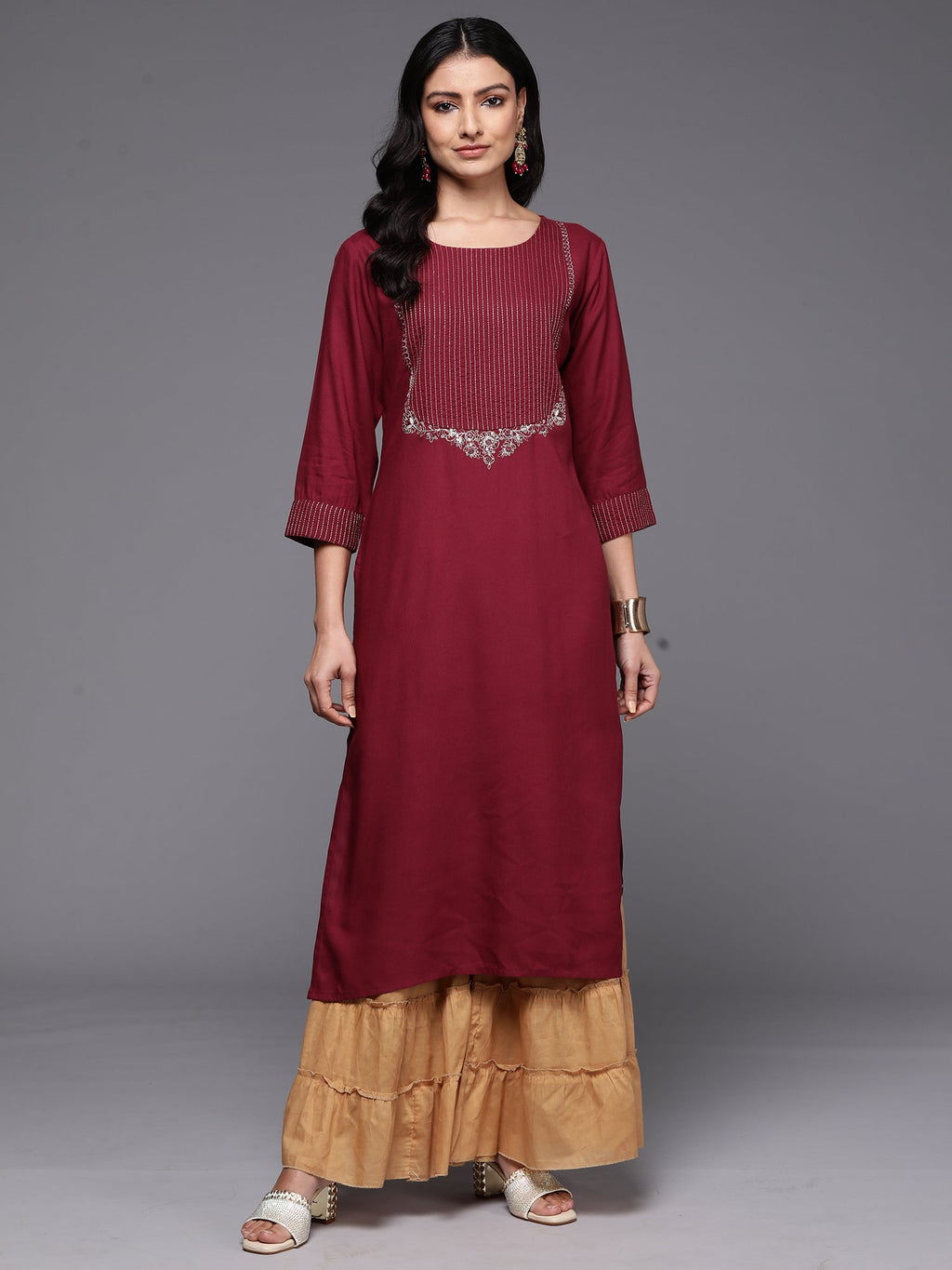 Indo Era Burgundy Embroidered Straight Kurta | Grocsy