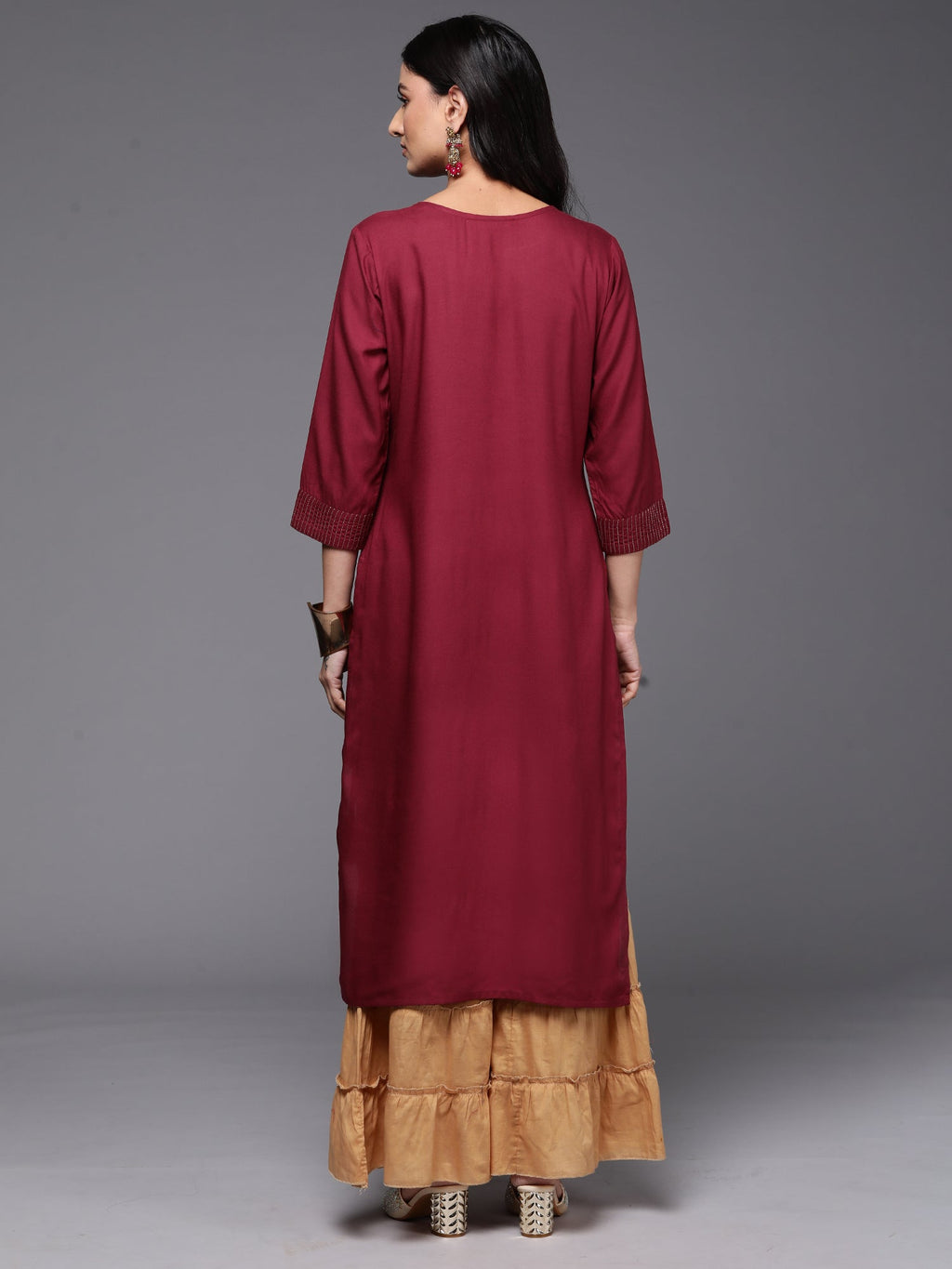 Indo Era Burgundy Embroidered Straight Kurta | Grocsy