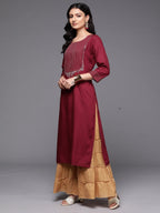 Indo Era Burgundy Embroidered Straight Kurta | Grocsy