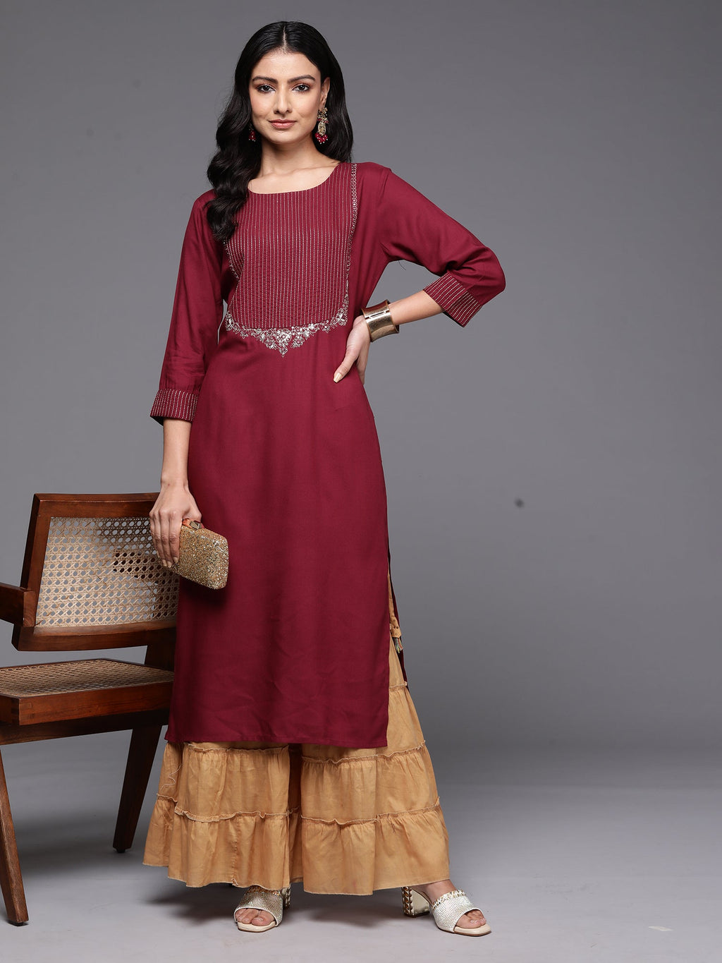 Indo Era Burgundy Embroidered Straight Kurta | Grocsy