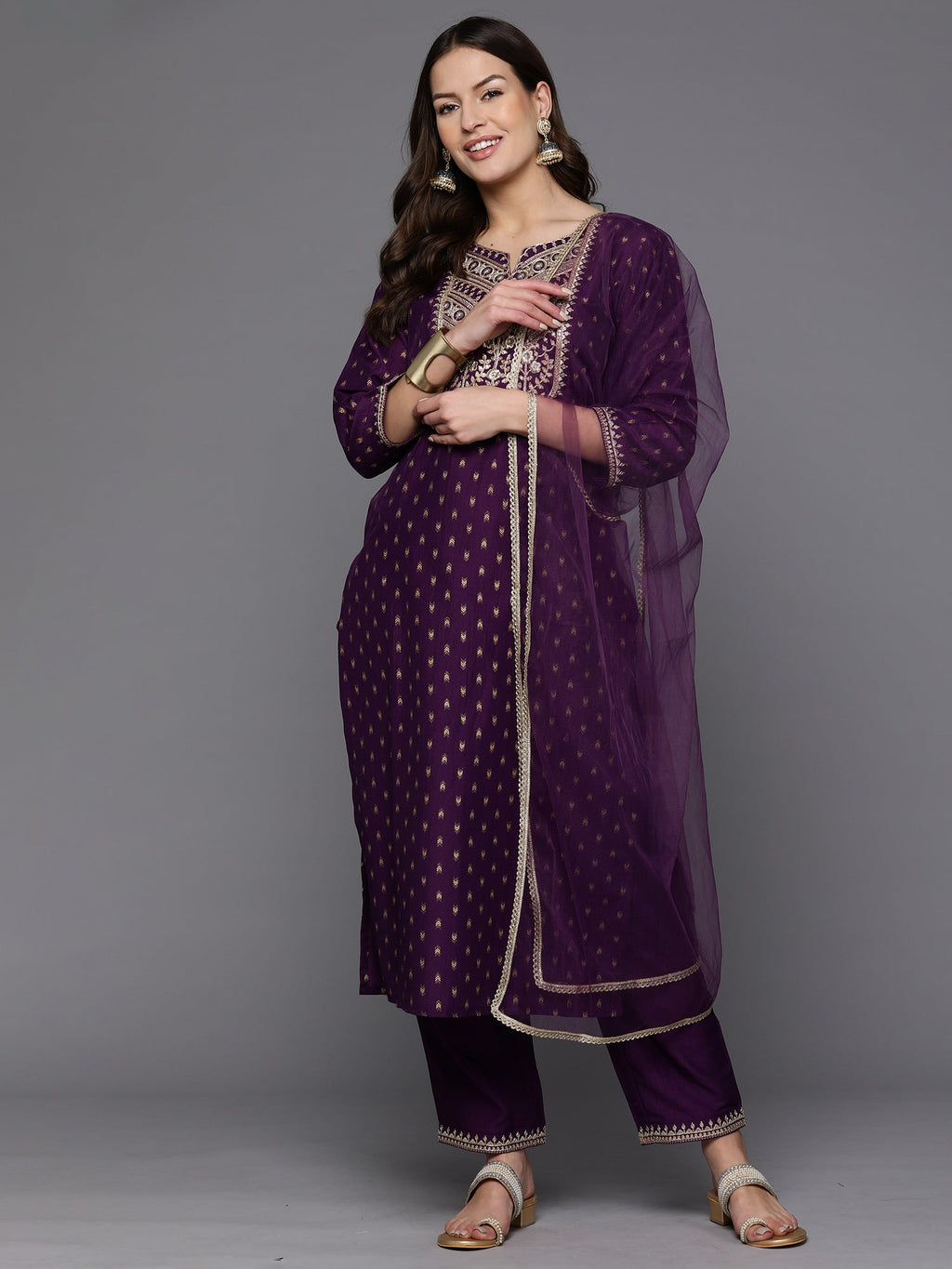 Indo Era Purple Embroidered Straight Kurta Trousers With Dupatta Set | Grocsy