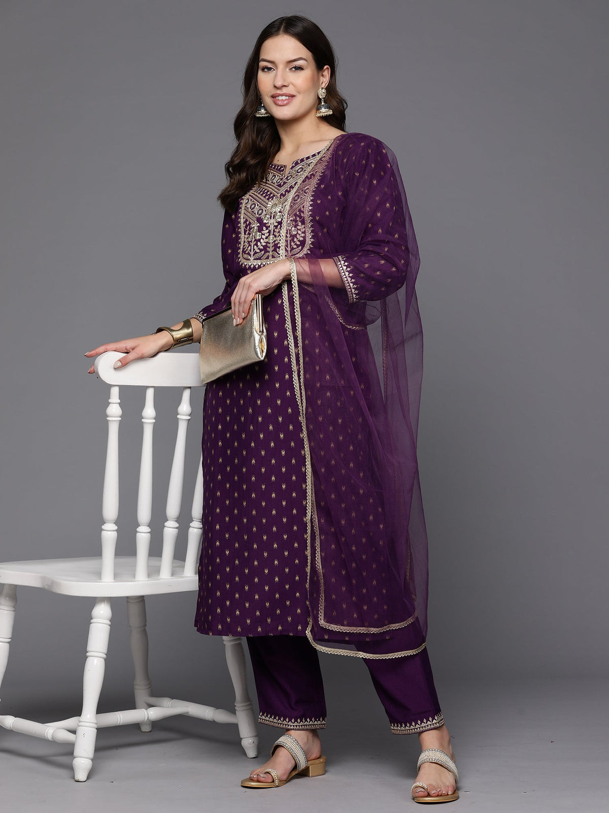 Indo Era Purple Embroidered Straight Kurta Trousers With Dupatta Set | Grocsy