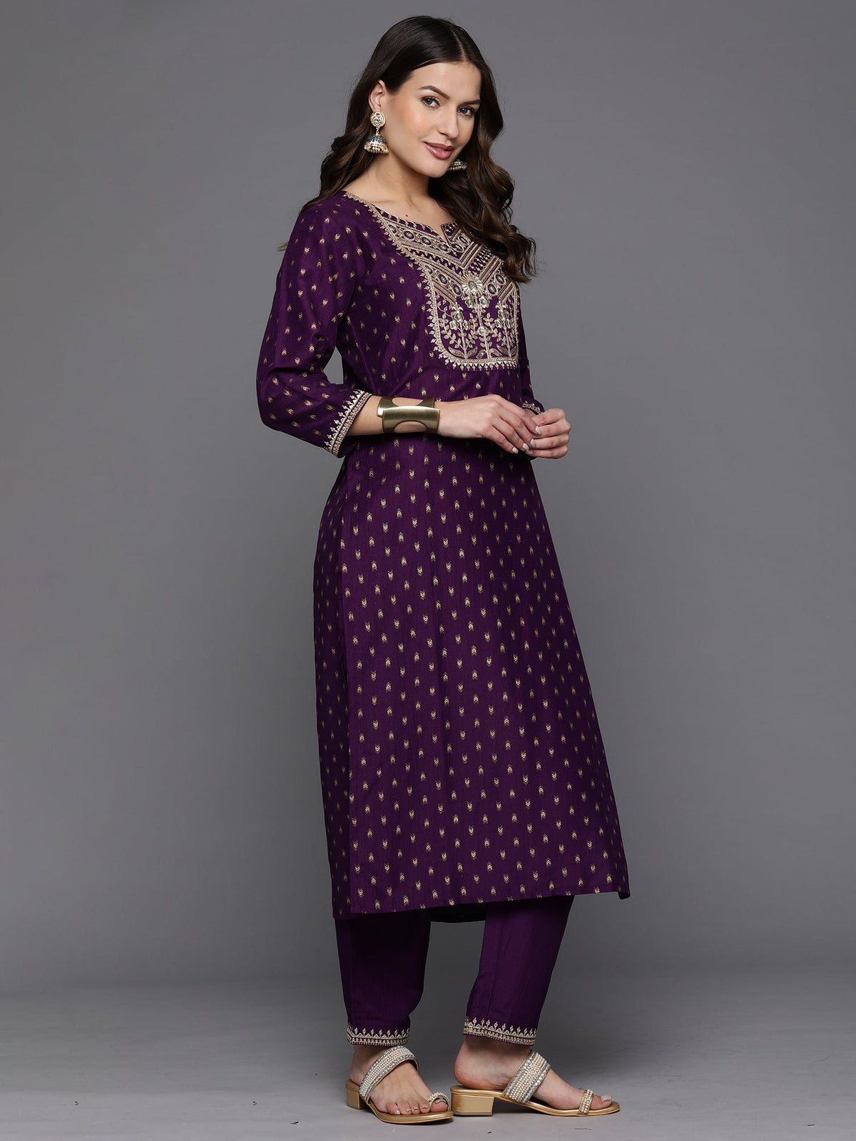 Indo Era Purple Embroidered Straight Kurta Trousers With Dupatta Set | Grocsy