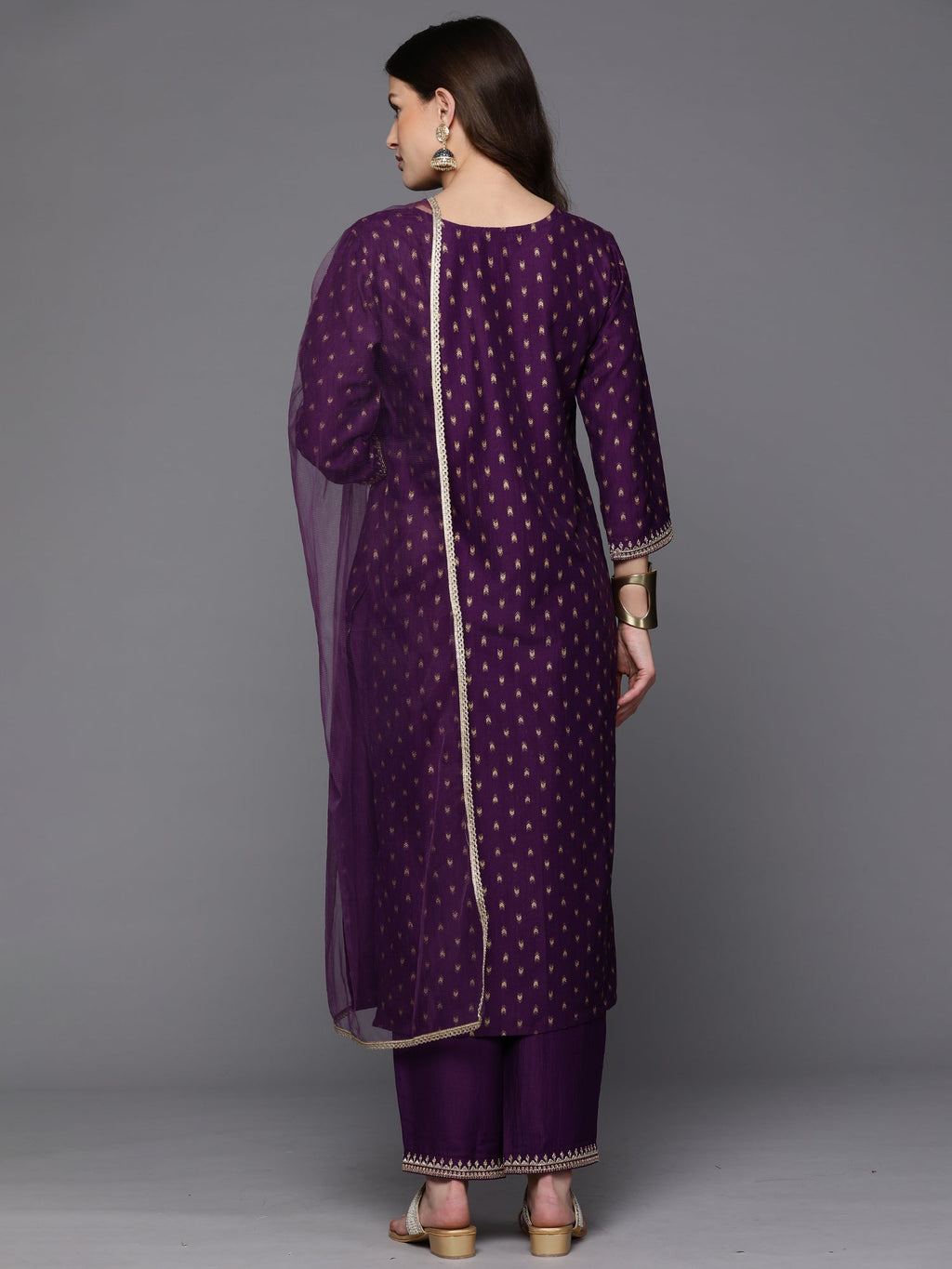 Indo Era Purple Embroidered Straight Kurta Trousers With Dupatta Set | Grocsy
