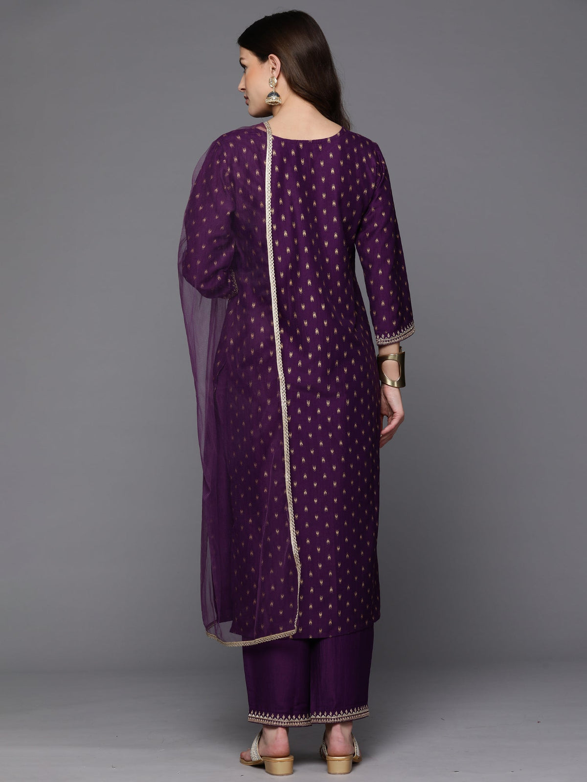 Indo Era Purple Embroidered Straight Kurta Trousers With Dupatta Set | Grocsy