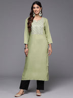 Indo Era Green Embroidered Straight Kurta | Grocsy