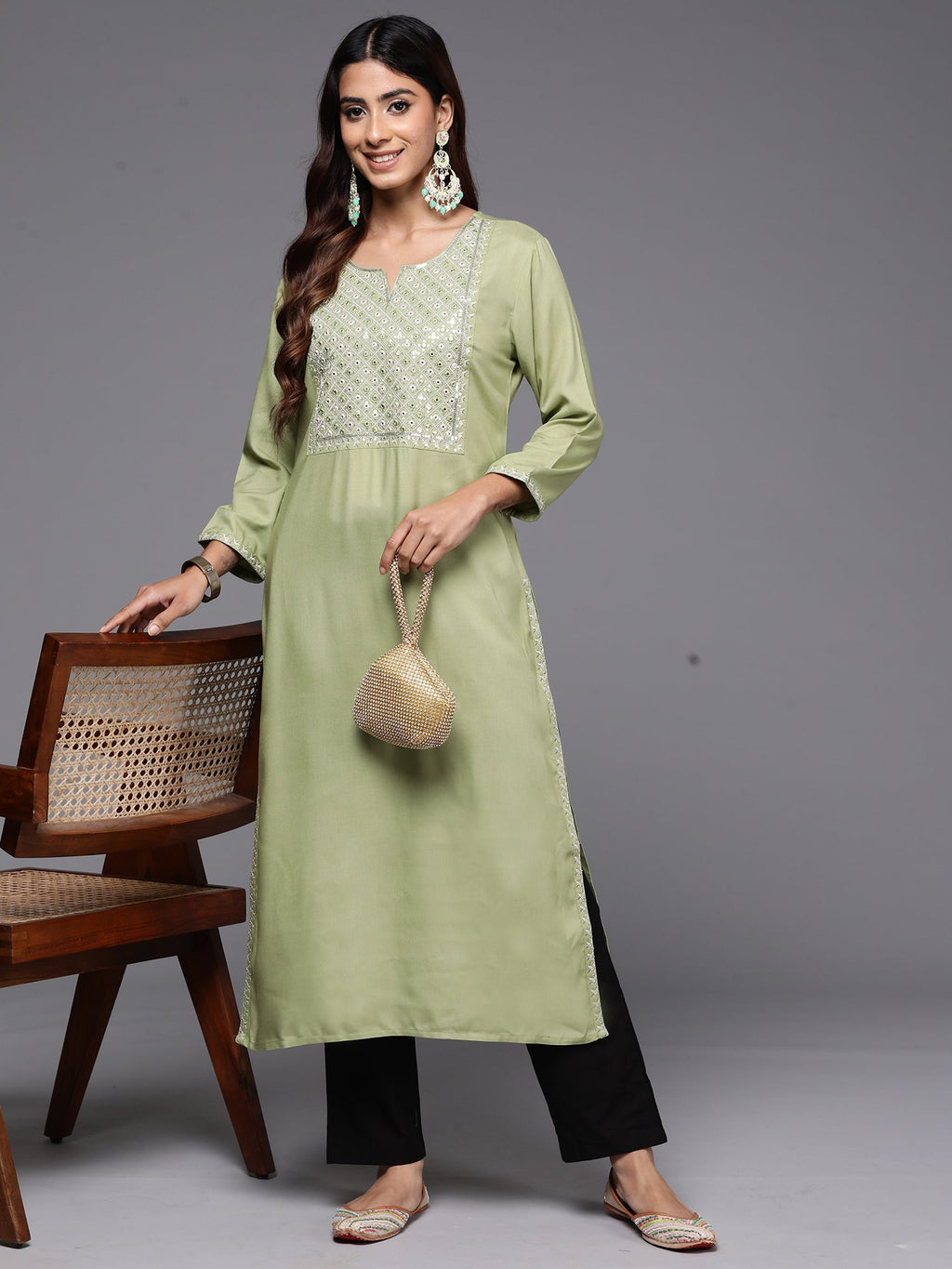 Indo Era Green Embroidered Straight Kurta | Grocsy