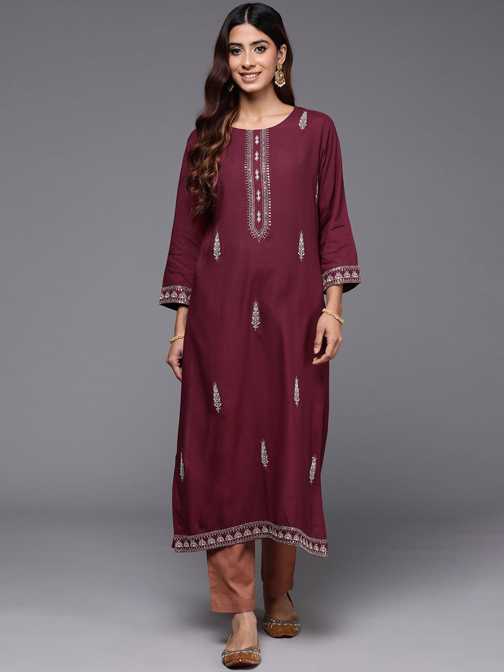 Indo Era Maroon Embroidered Straight Kurta | Grocsy