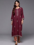 Indo Era Maroon Embroidered Straight Kurta | Grocsy