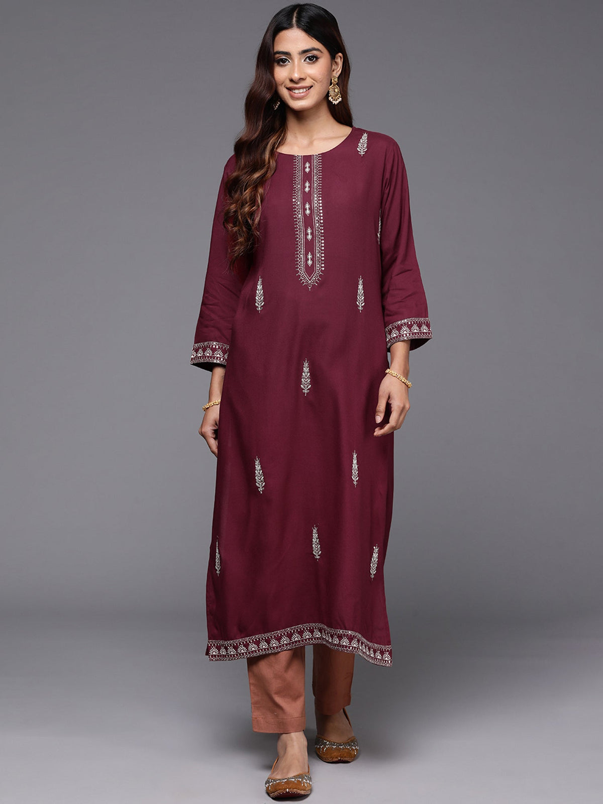 Indo Era Maroon Embroidered Straight Kurta | Grocsy