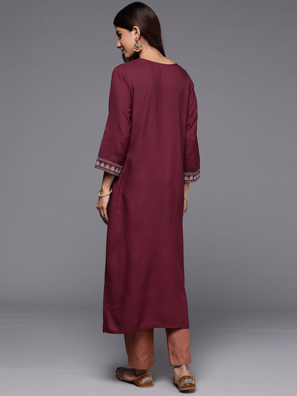Indo Era Maroon Embroidered Straight Kurta | Grocsy