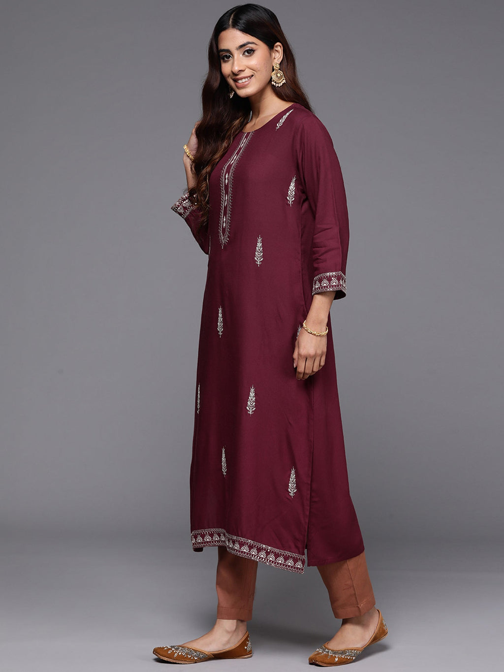Indo Era Maroon Embroidered Straight Kurta | Grocsy