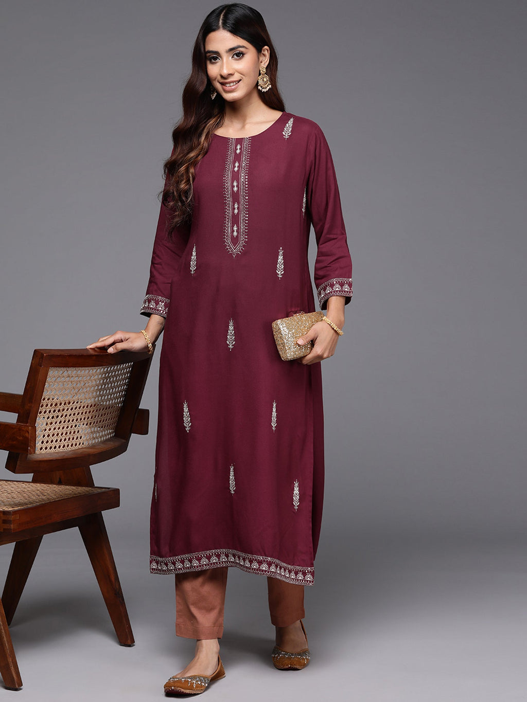 Indo Era Maroon Embroidered Straight Kurta | Grocsy