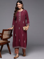 Indo Era Maroon Embroidered Straight Kurta | Grocsy
