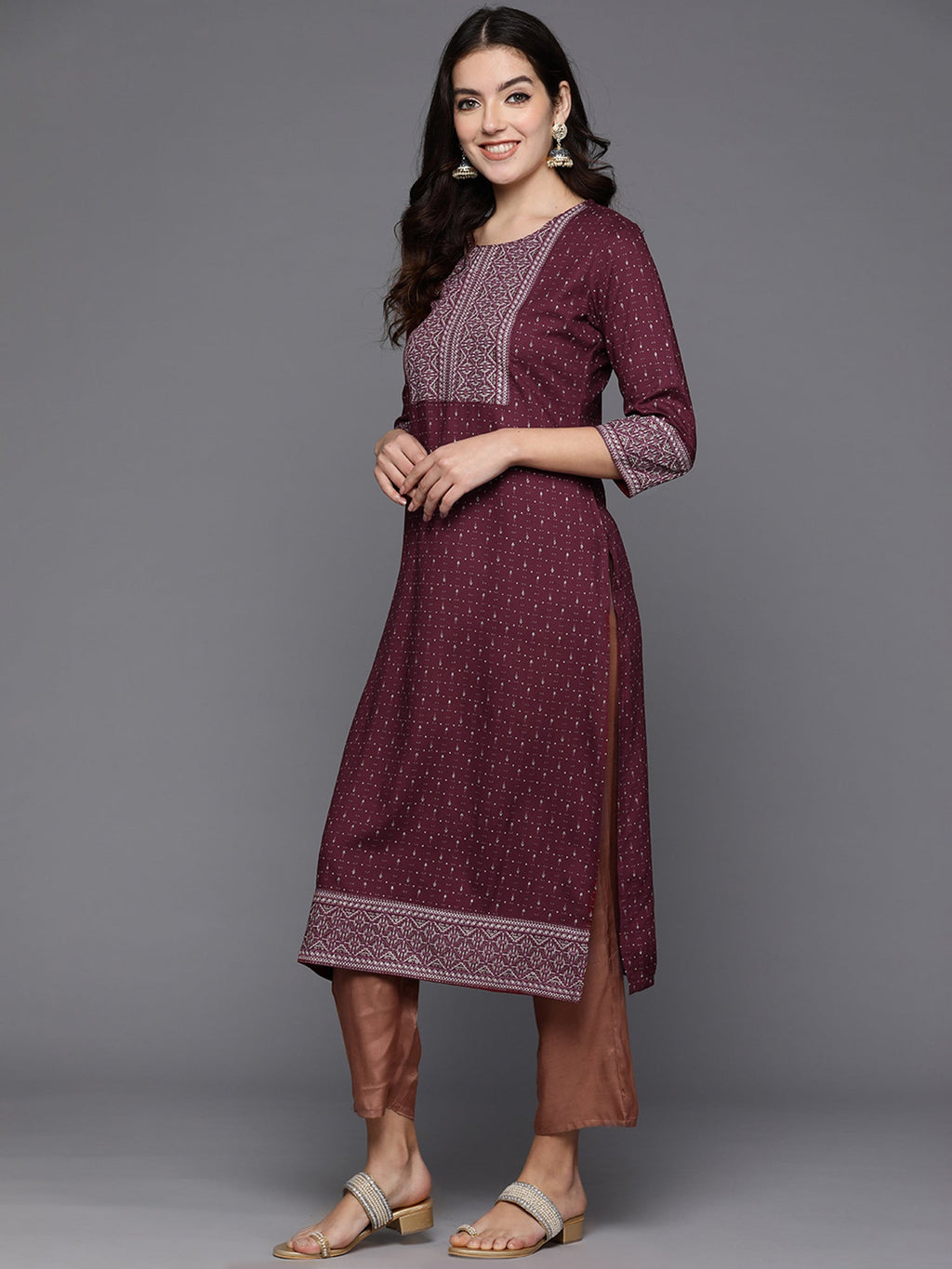 Indo Era Maroon Embellished Straight Kurta | Grocsy