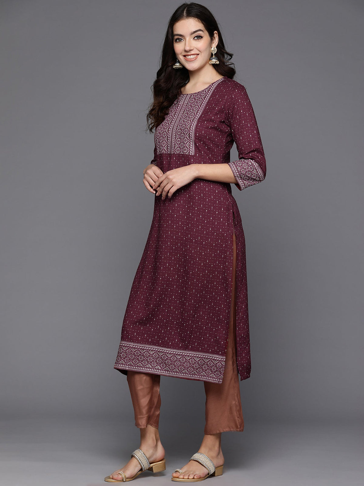 Indo Era Maroon Embellished Straight Kurta | Grocsy