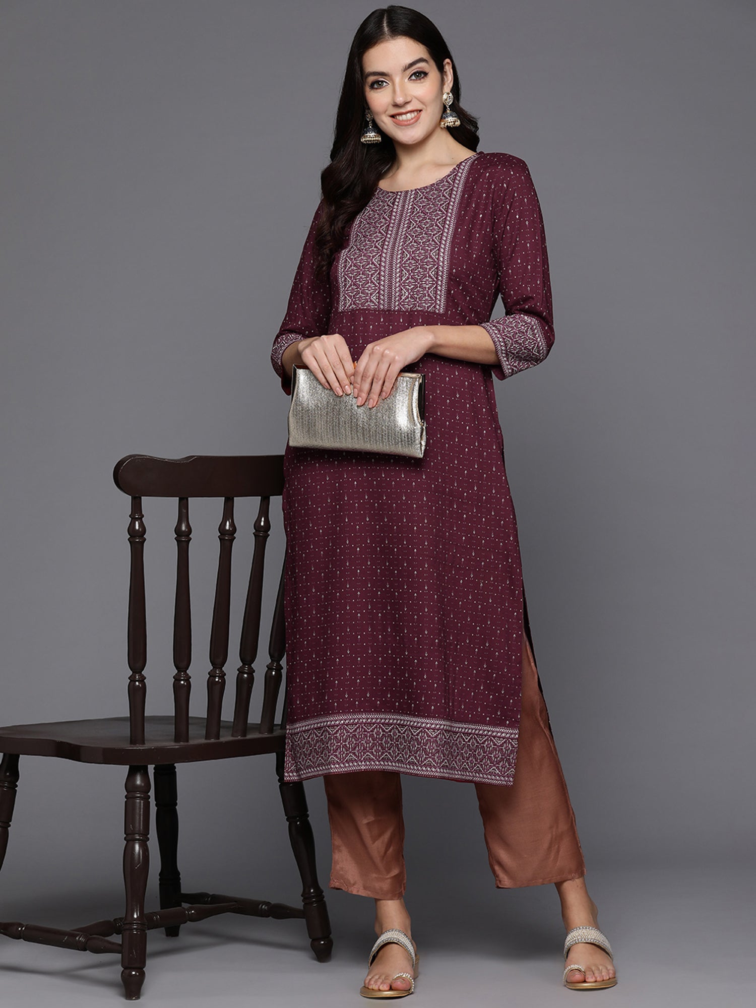 Indo Era Maroon Embellished Straight Kurta | Grocsy