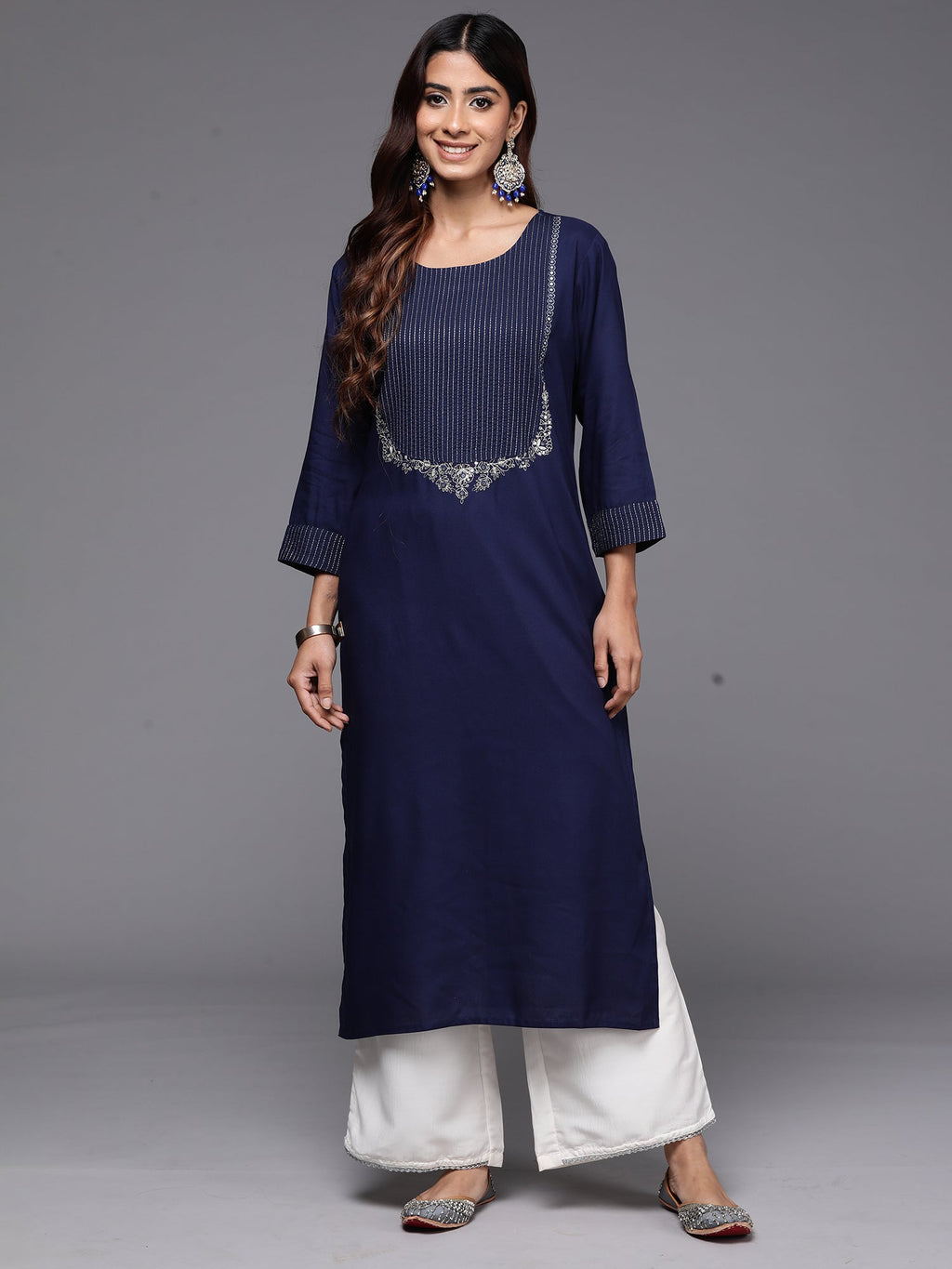 Indo Era Navy Blue Embroidered Straight Kurta | Grocsy