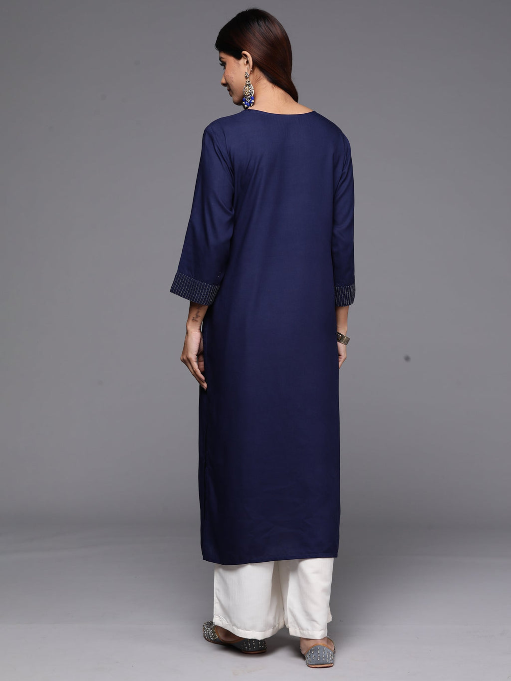 Indo Era Navy Blue Embroidered Straight Kurta | Grocsy