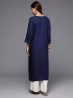 Indo Era Navy Blue Embroidered Straight Kurta | Grocsy