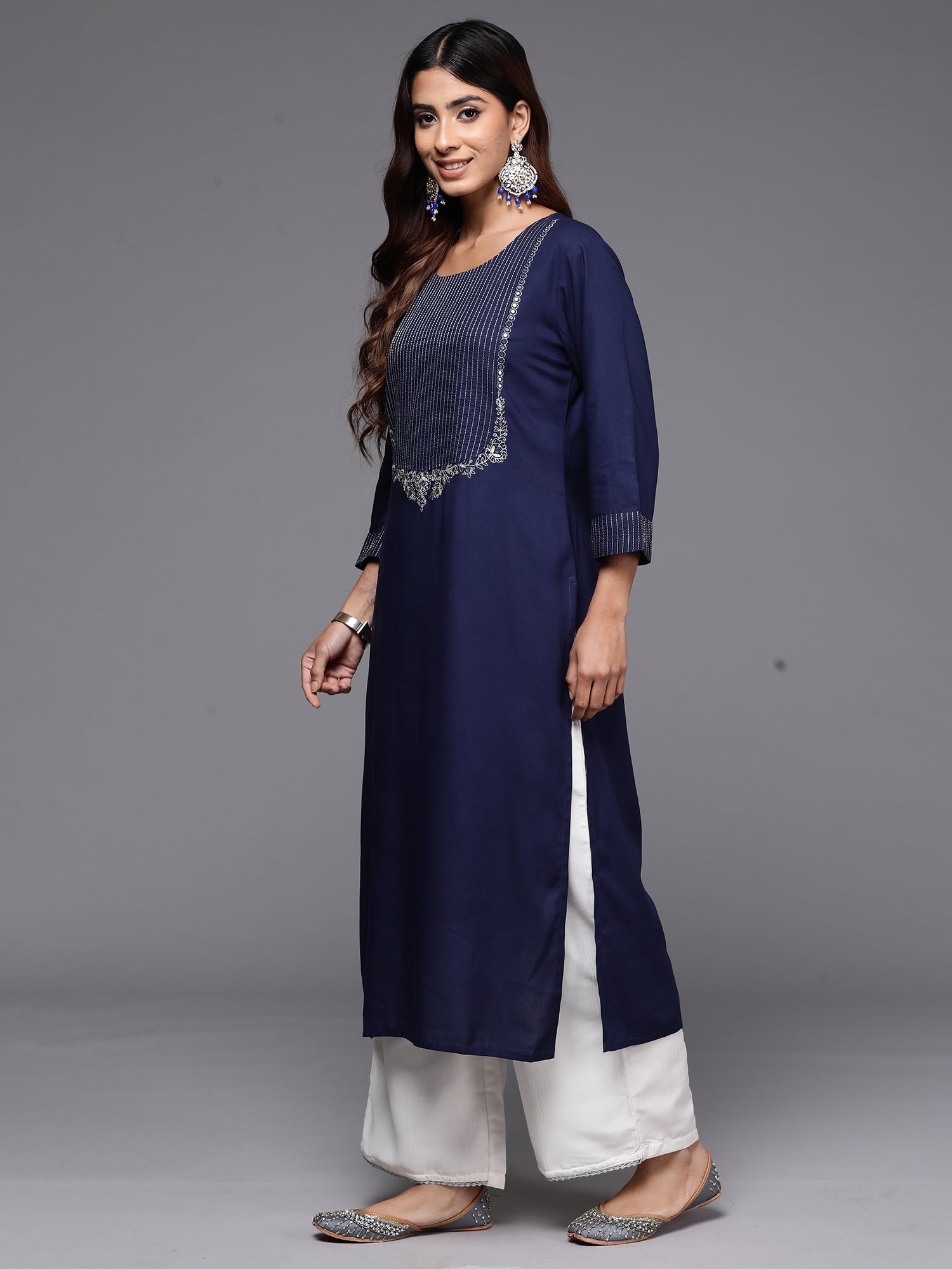 Indo Era Navy Blue Embroidered Straight Kurta | Grocsy