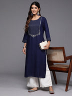 Indo Era Navy Blue Embroidered Straight Kurta | Grocsy