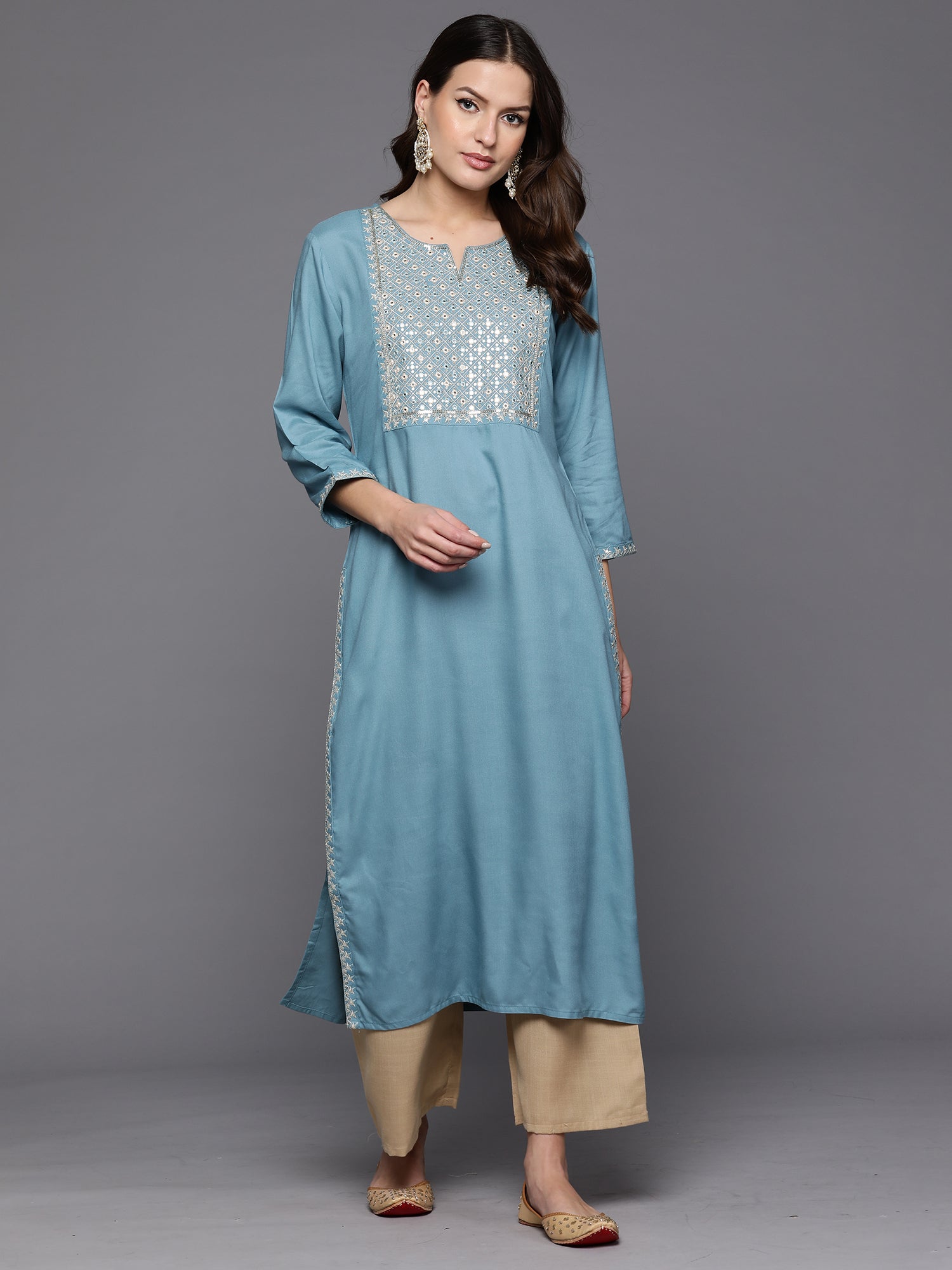 Indo Era Blue Embroidered Straight Kurta | Grocsy