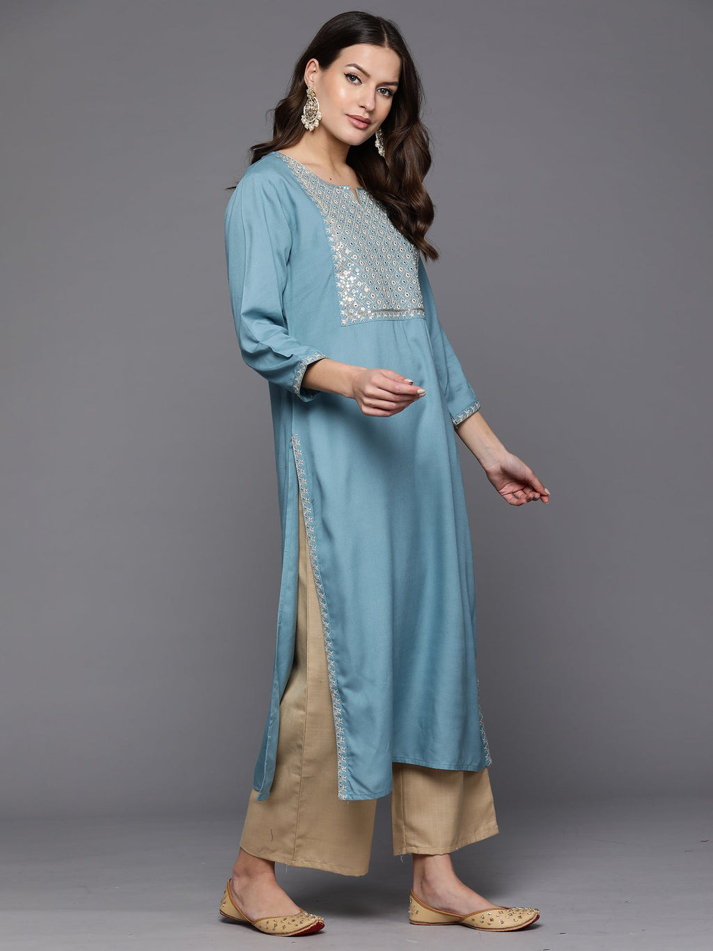 Indo Era Blue Embroidered Straight Kurta | Grocsy