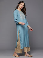 Indo Era Blue Embroidered Straight Kurta | Grocsy