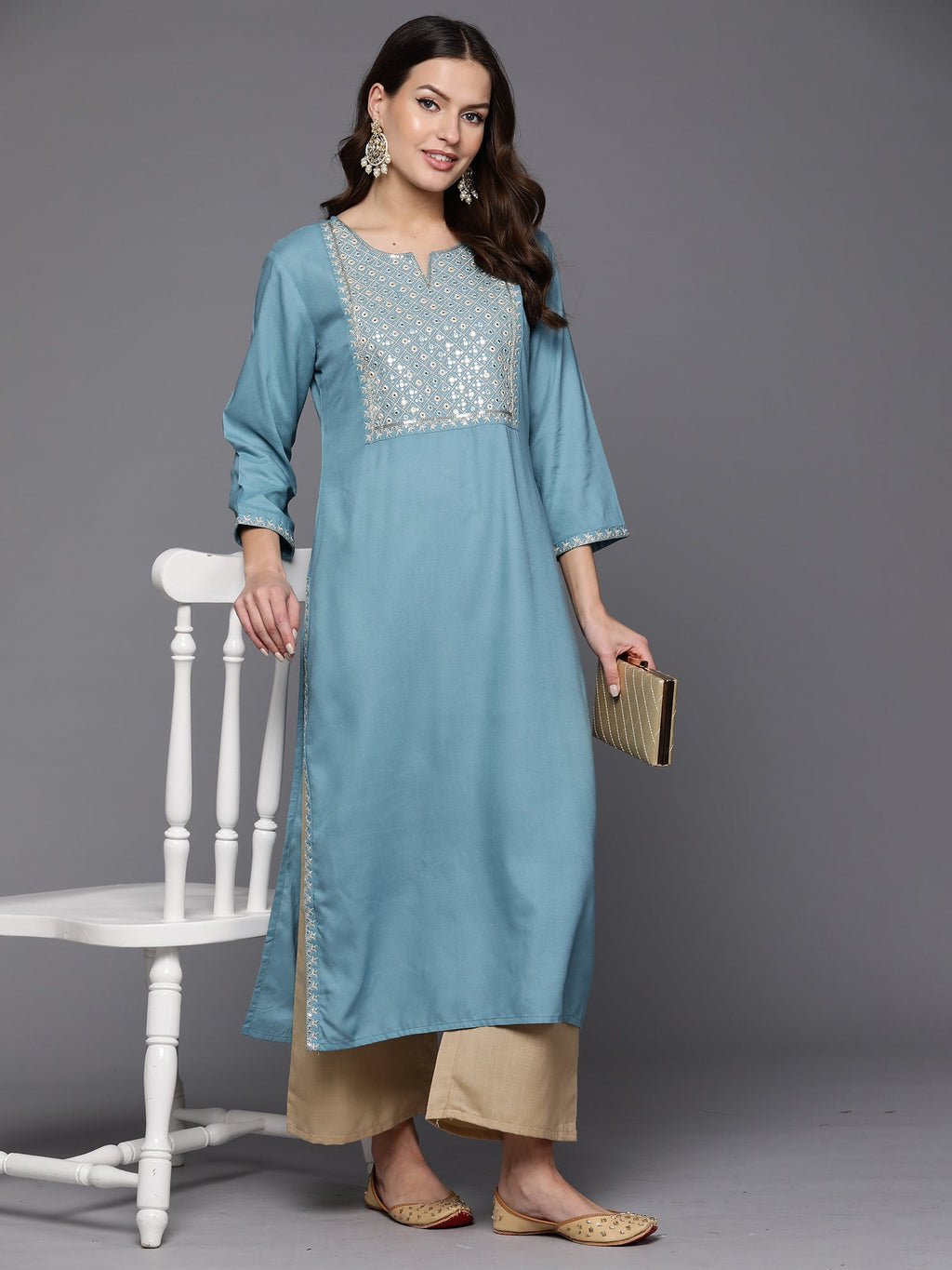 Indo Era Blue Embroidered Straight Kurta | Grocsy