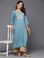 Indo Era Blue Embroidered Straight Kurta | Grocsy