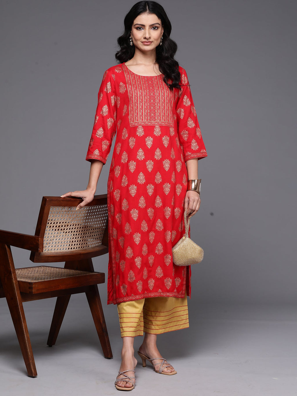 Indo Era Red Printed Straight Kurta | Grocsy
