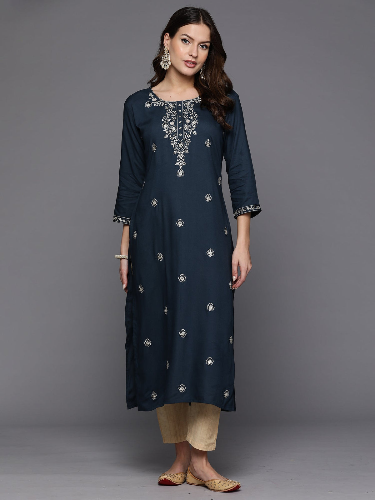 Indo Era Teal Embroidered Straight Kurta | Grocsy