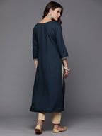 Indo Era Teal Embroidered Straight Kurta | Grocsy