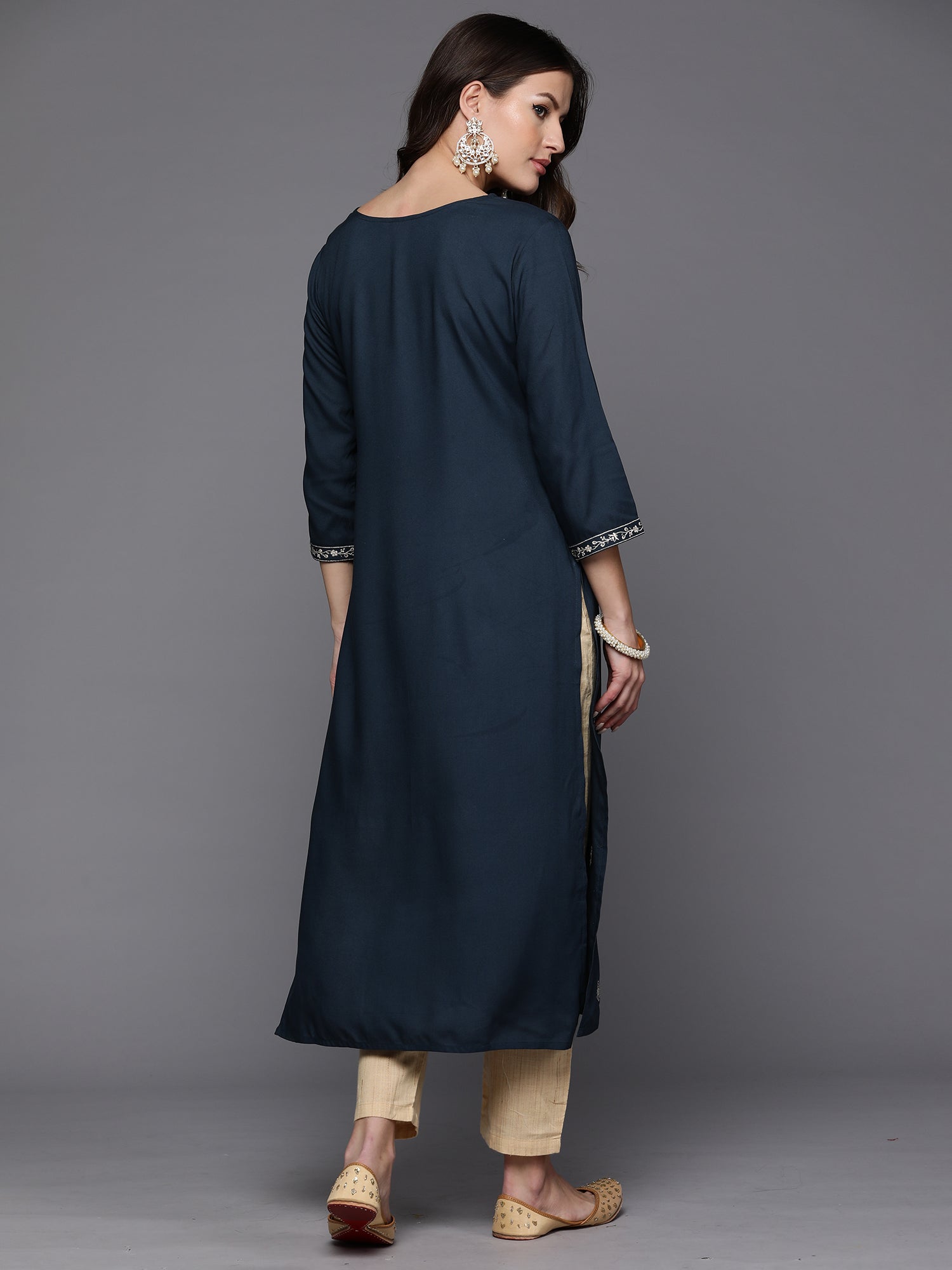 Indo Era Teal Embroidered Straight Kurta | Grocsy