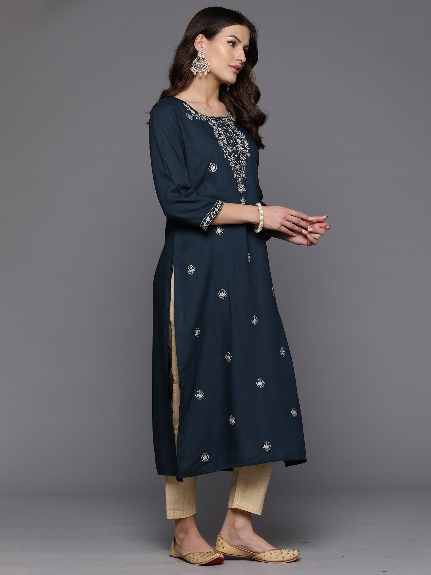 Indo Era Teal Embroidered Straight Kurta | Grocsy