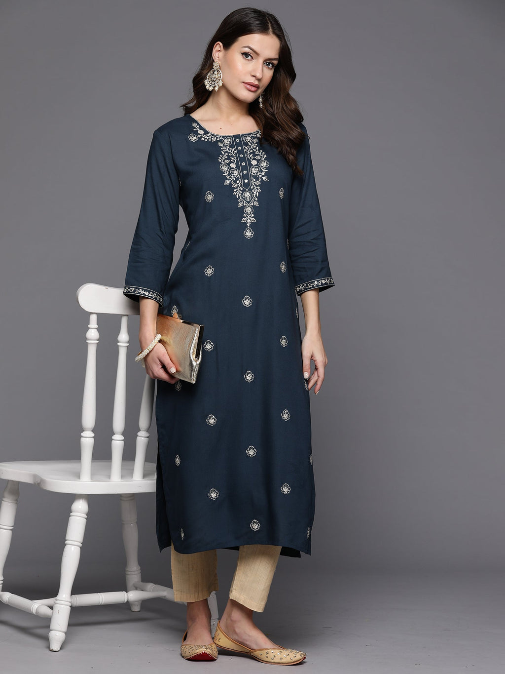 Indo Era Teal Embroidered Straight Kurta | Grocsy