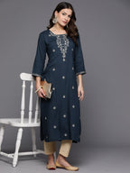 Indo Era Teal Embroidered Straight Kurta | Grocsy