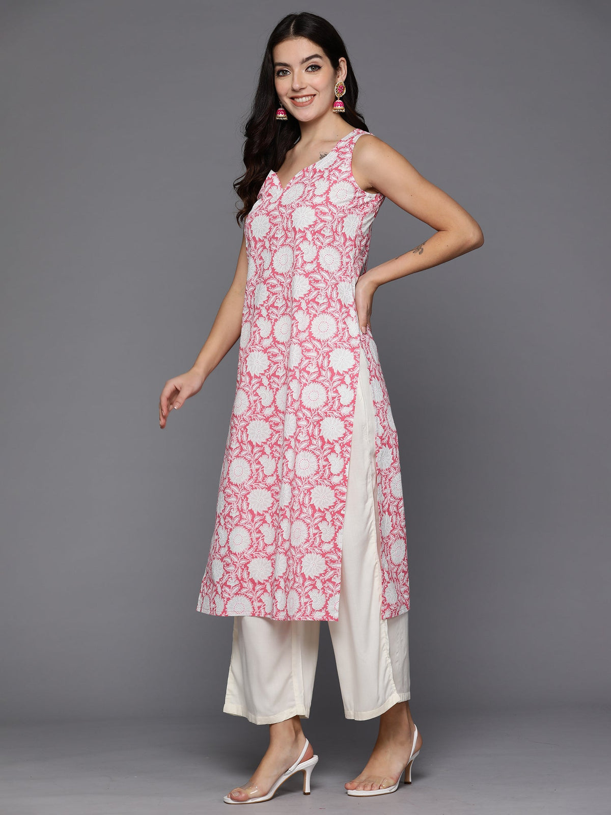Indo Era Pink Printed Straight Kurta | Grocsy