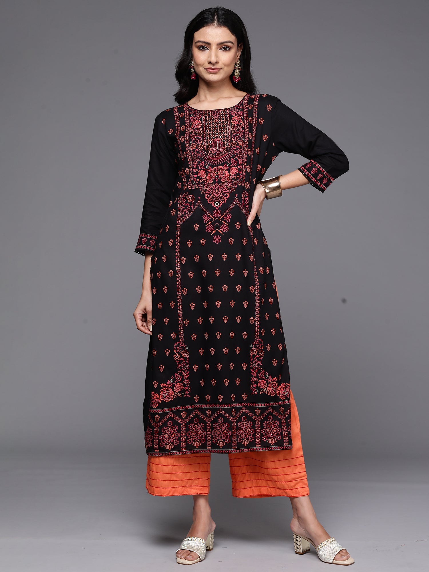 Indo Era Black Printed Straight Kurta | Grocsy
