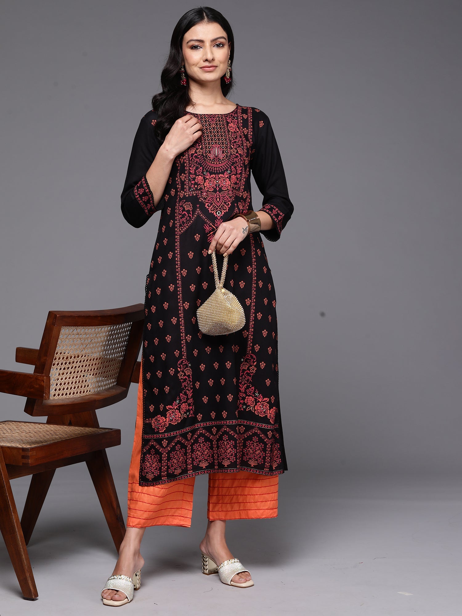 Indo Era Black Printed Straight Kurta | Grocsy