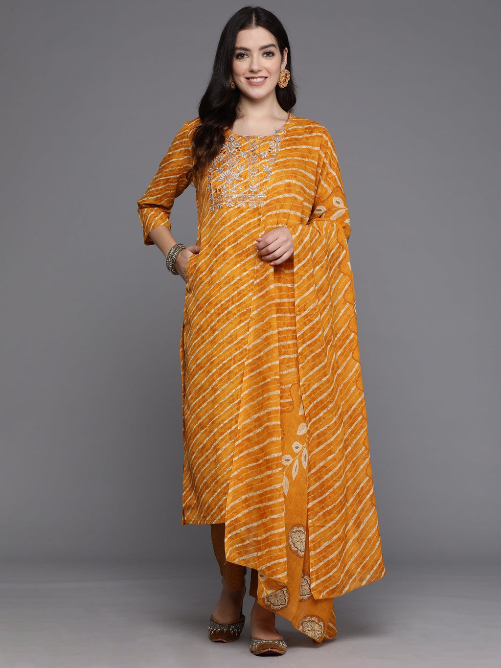 Indo Era Mustard Printed Straight Kurta Trousers With Dupatta set | Grocsy