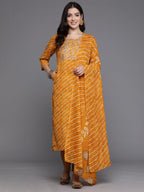 Indo Era Mustard Printed Straight Kurta Trousers With Dupatta set | Grocsy
