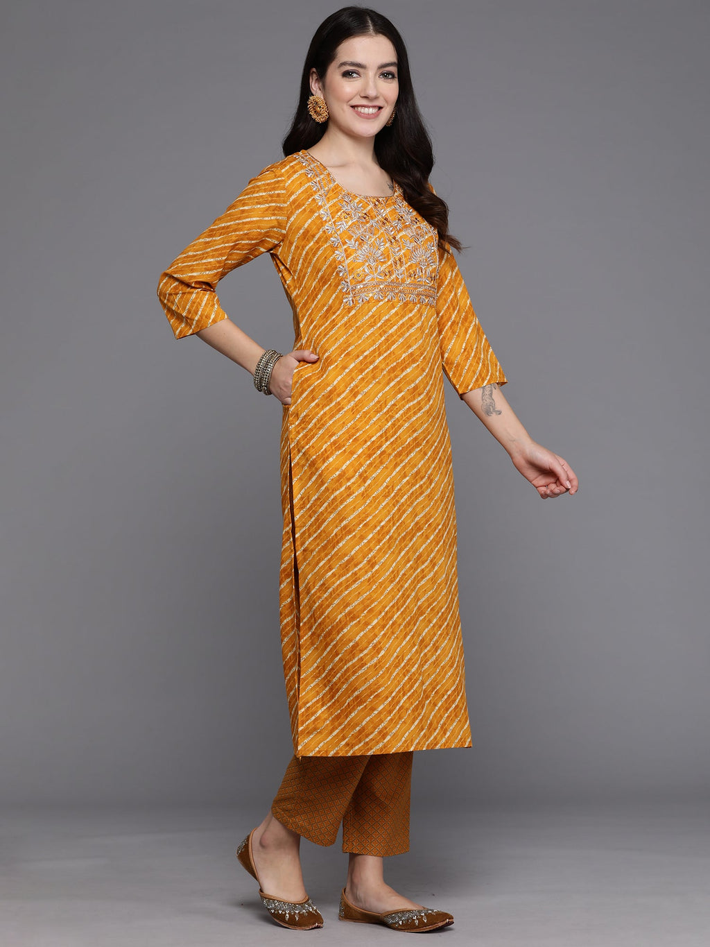 Indo Era Mustard Printed Straight Kurta Trousers With Dupatta set | Grocsy