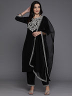 Indo Era Black Embroidered Straight Kurta Trousers With Dupatta set | Grocsy